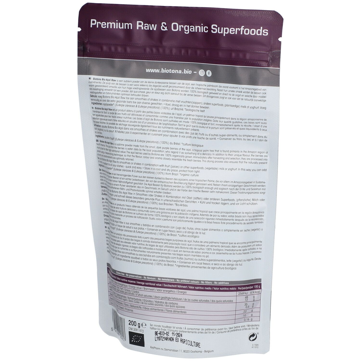 Dos du sachet de poudre d'açaï. Texte multilingue. Label bio. 200g. Informations nutritionnelles.