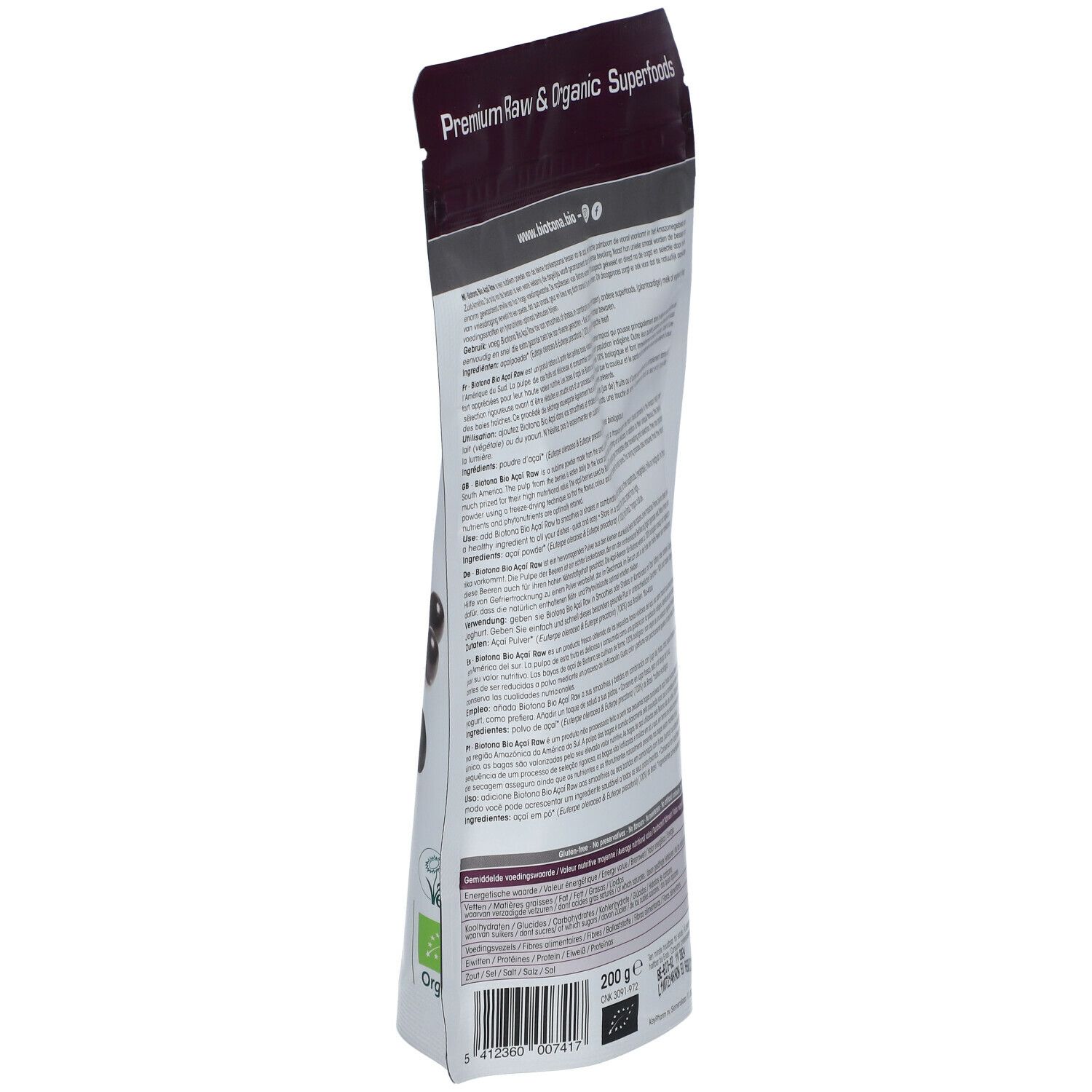 Dos en biais du sachet de poudre d'açaï. Texte multilingue. Label bio. 200g.