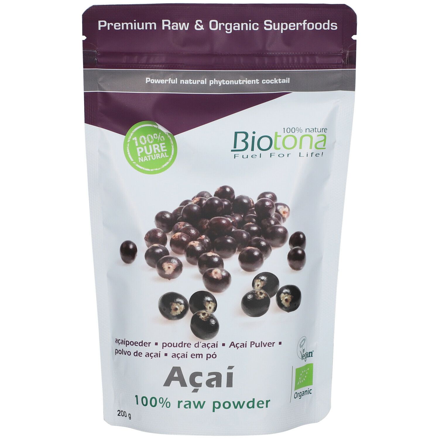 Sachet de poudre d'açaï. Inscriptions: Biotona, Açai, 100% poudre crue, label bio. Baies d'açaï. 200g.