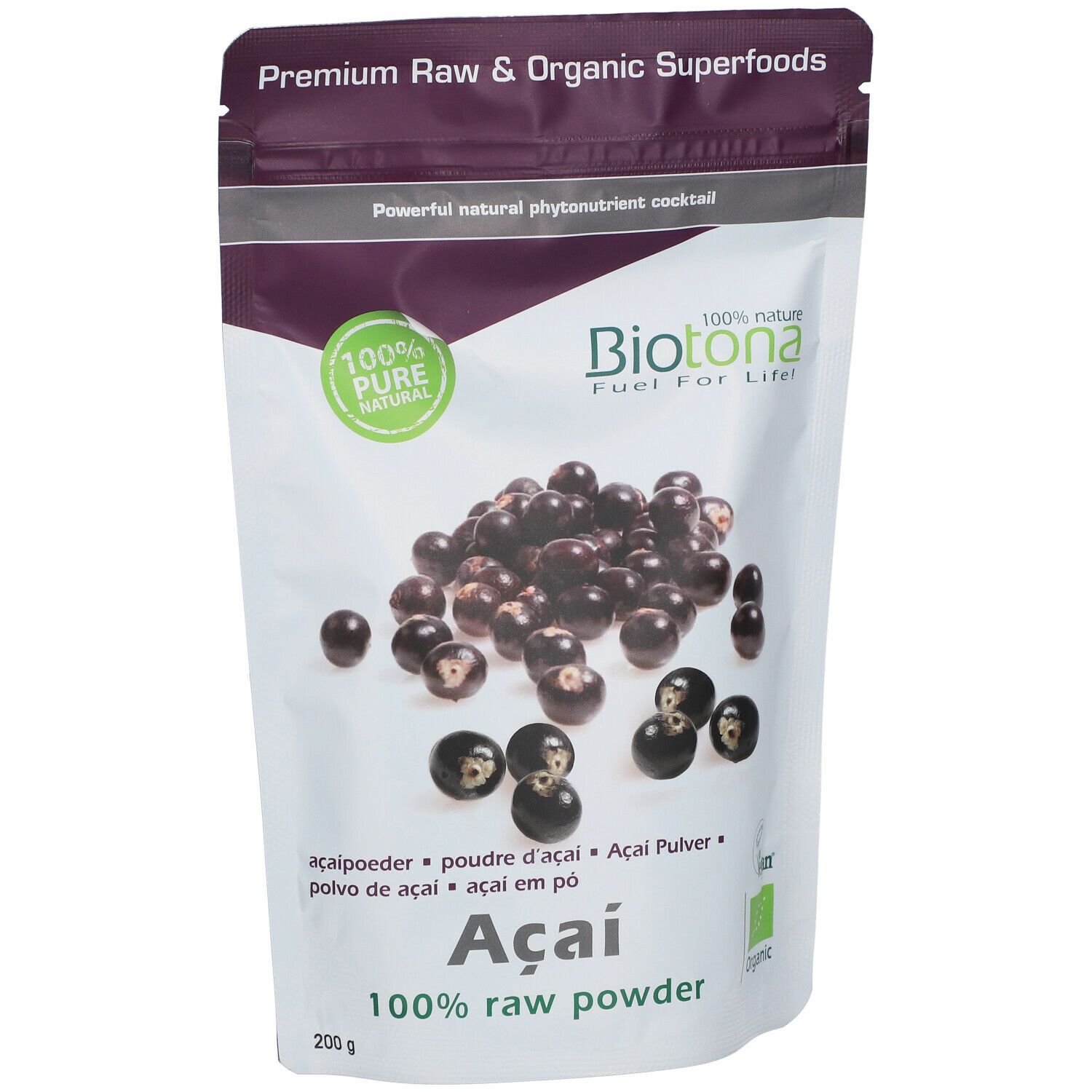 Sachet de poudre d'açaï. Inscriptions: Biotona, Açai, 100% poudre crue, label bio. Baies d'açaï. 200g.