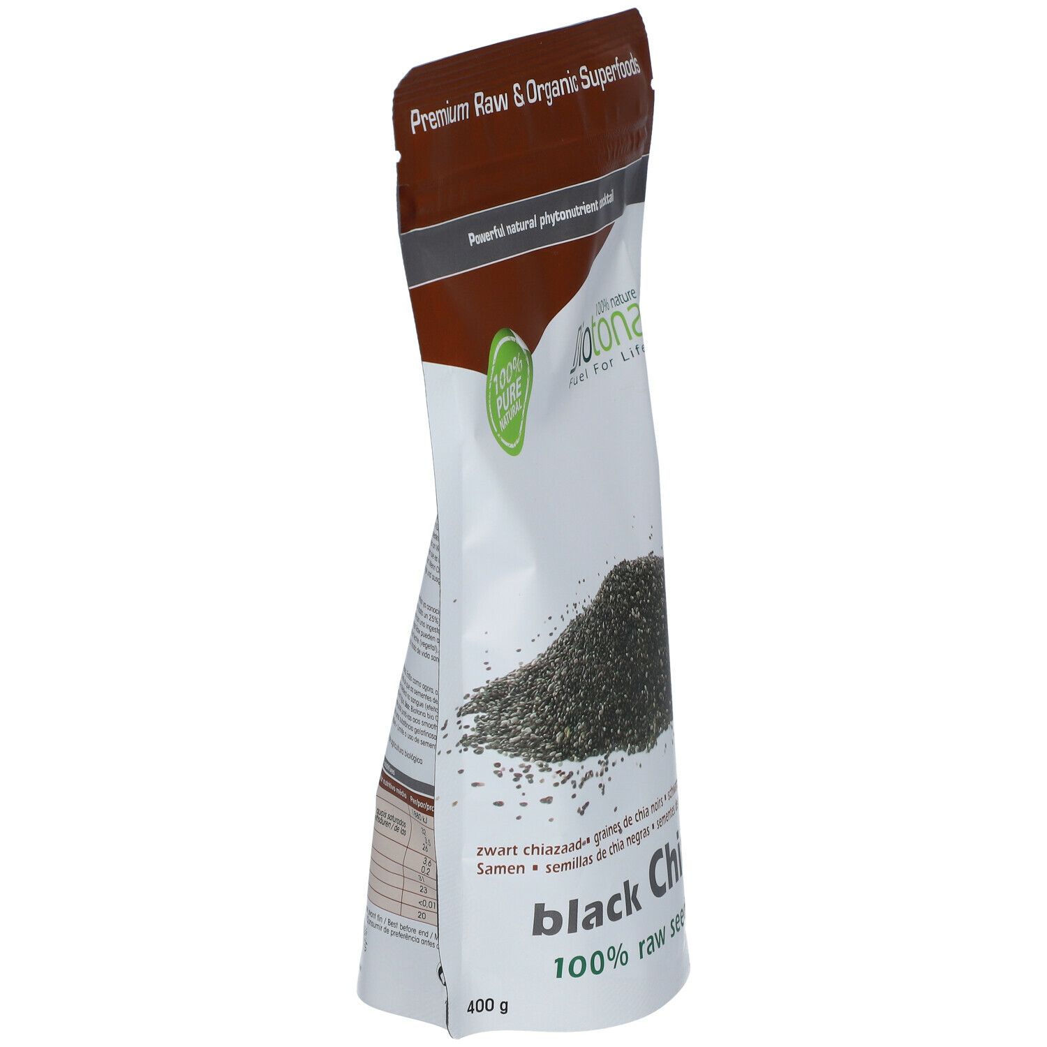 Schräg stehender Beutel mit Chia-Samen. Aufschrift: Biotona, Black Chia, 100% Rohsamen. Siegel: 100% Pure Natural, Organic. 400g.