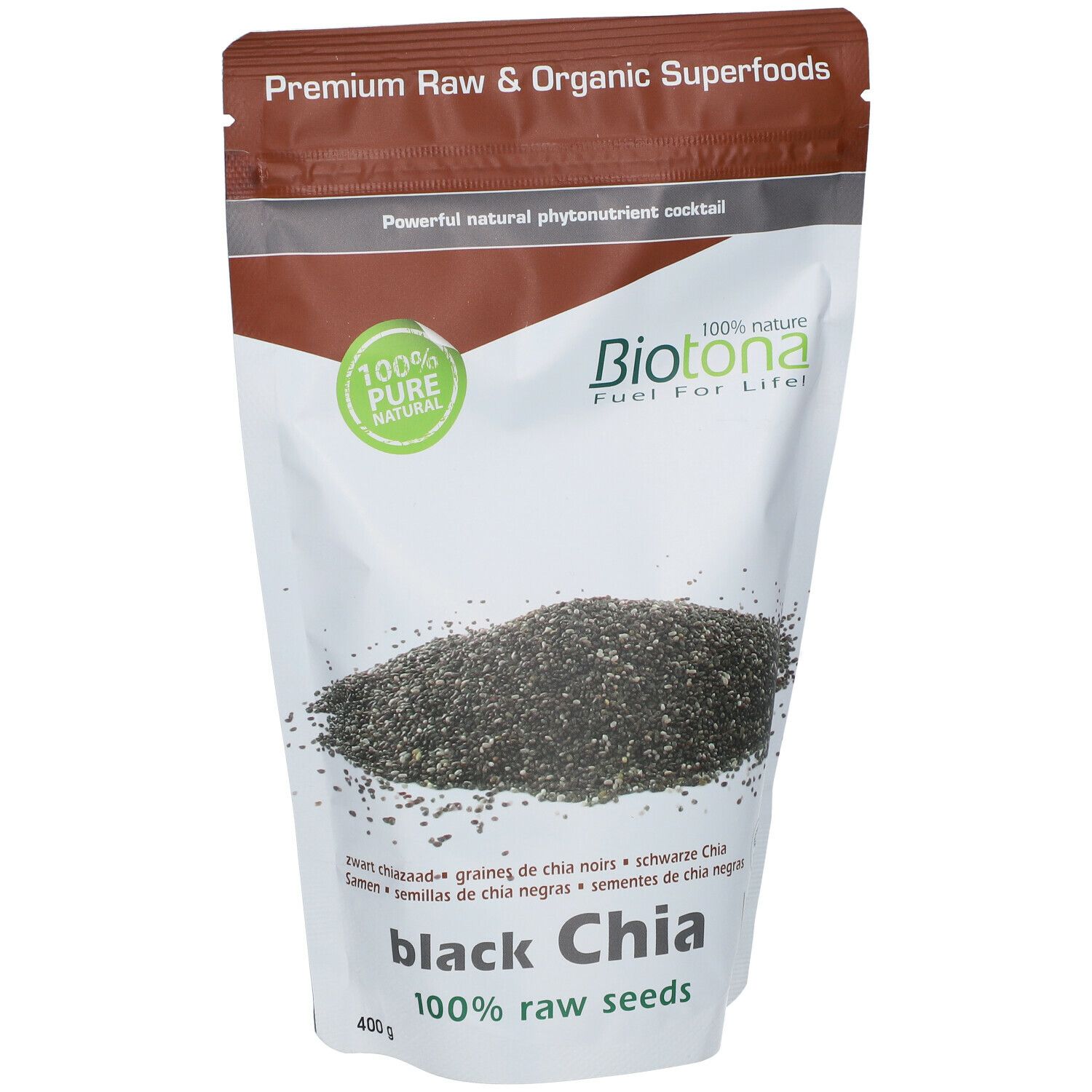 Beutel mit schwarzen Chia-Samen. Aufschrift: Biotona, Black Chia, 100% Rohsamen. Siegel: 100% Pure Natural, Organic. Gewicht: 400g.