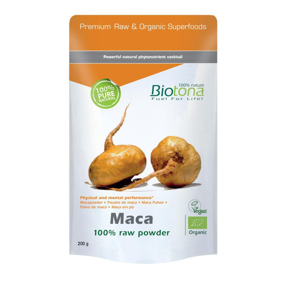 Sachet de poudre de maca Biotona. Inscription : 100% Pure Natural, Bio, Vegan. Deux tubercules de maca illustrés.