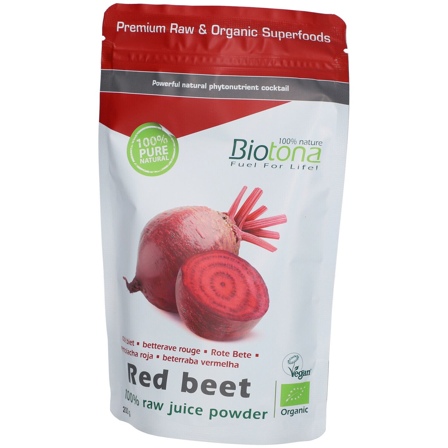 Sachet de poudre de jus de betterave rouge. Illustration d'une betterave rouge. Inscription : Biotona, Red beet, 100% raw juice powder.