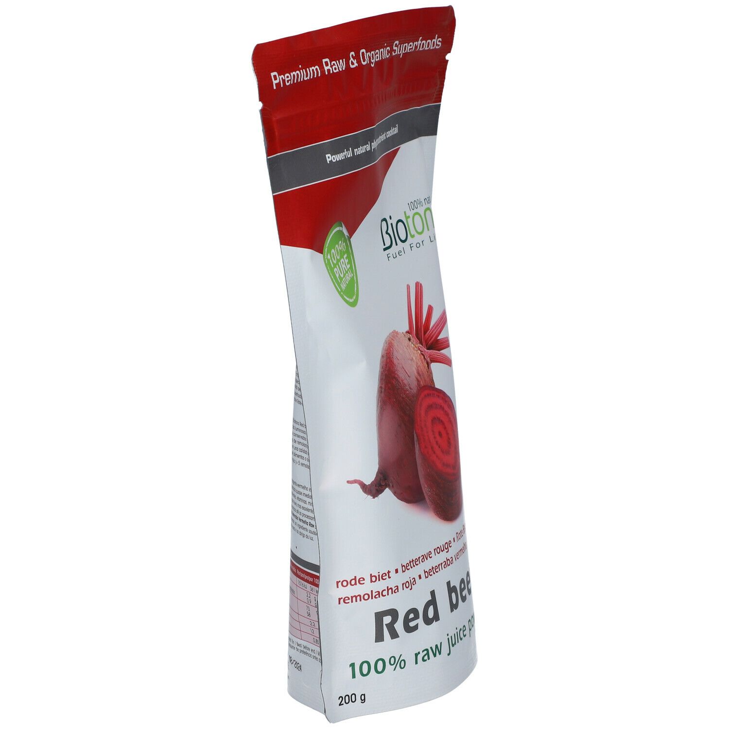 Sachet incliné de poudre de jus de betterave rouge. Inscription : Biotona, Red beet, 100% raw juice powder. 200g.