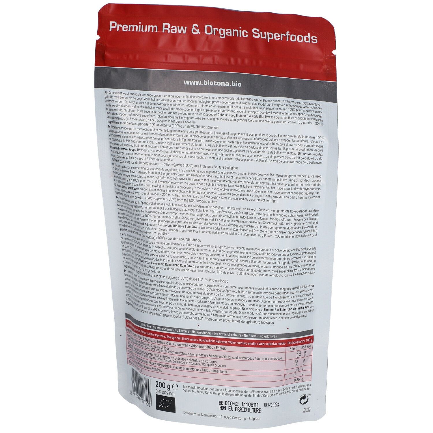 Dos du sachet de poudre de jus de betterave rouge. Informations textuelles et valeurs nutritionnelles. Inscription : 200g, label bio.