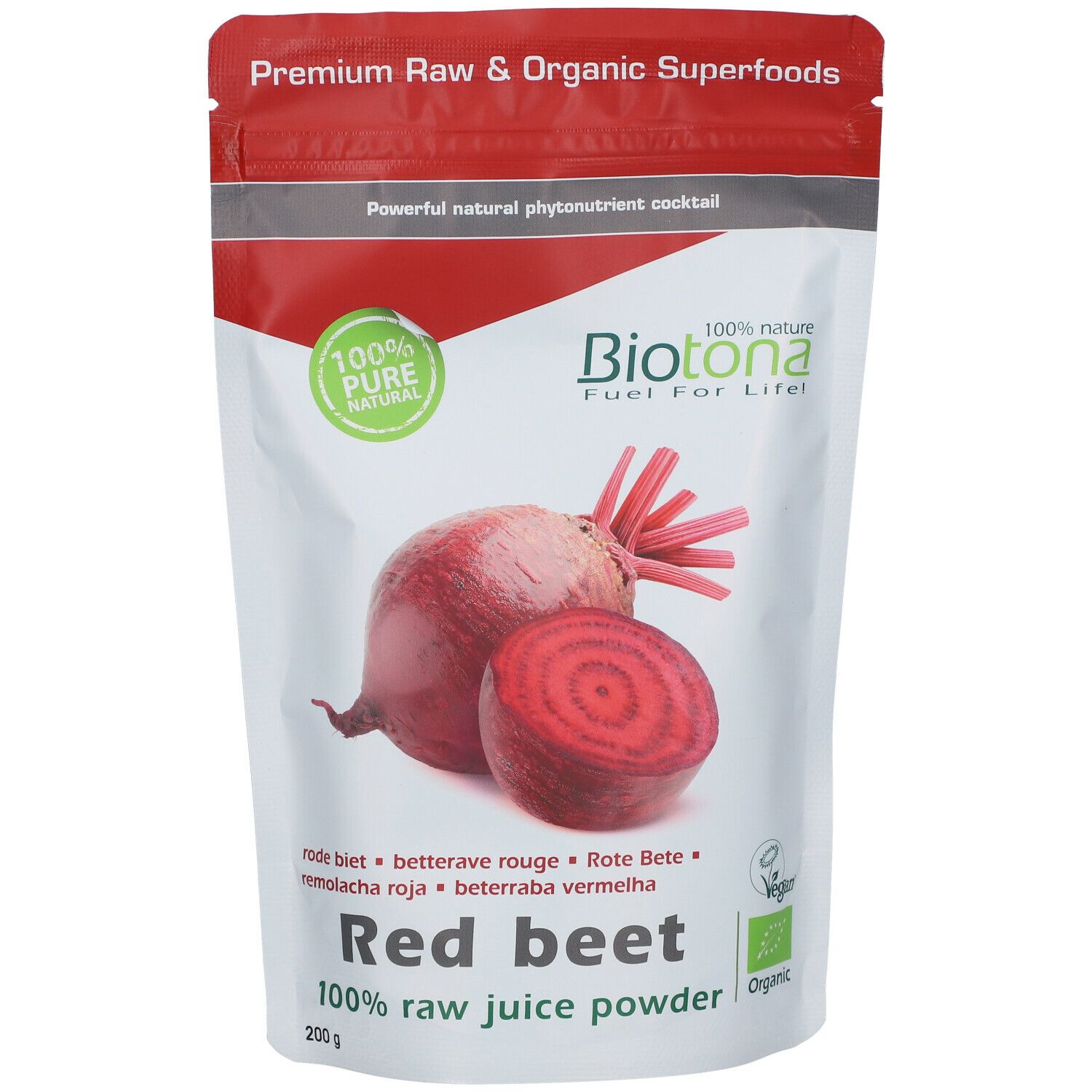 Sachet de poudre de jus de betterave rouge. Illustration d'une betterave rouge. Inscription : Biotona, Red beet, 100% raw juice powder. 200g.