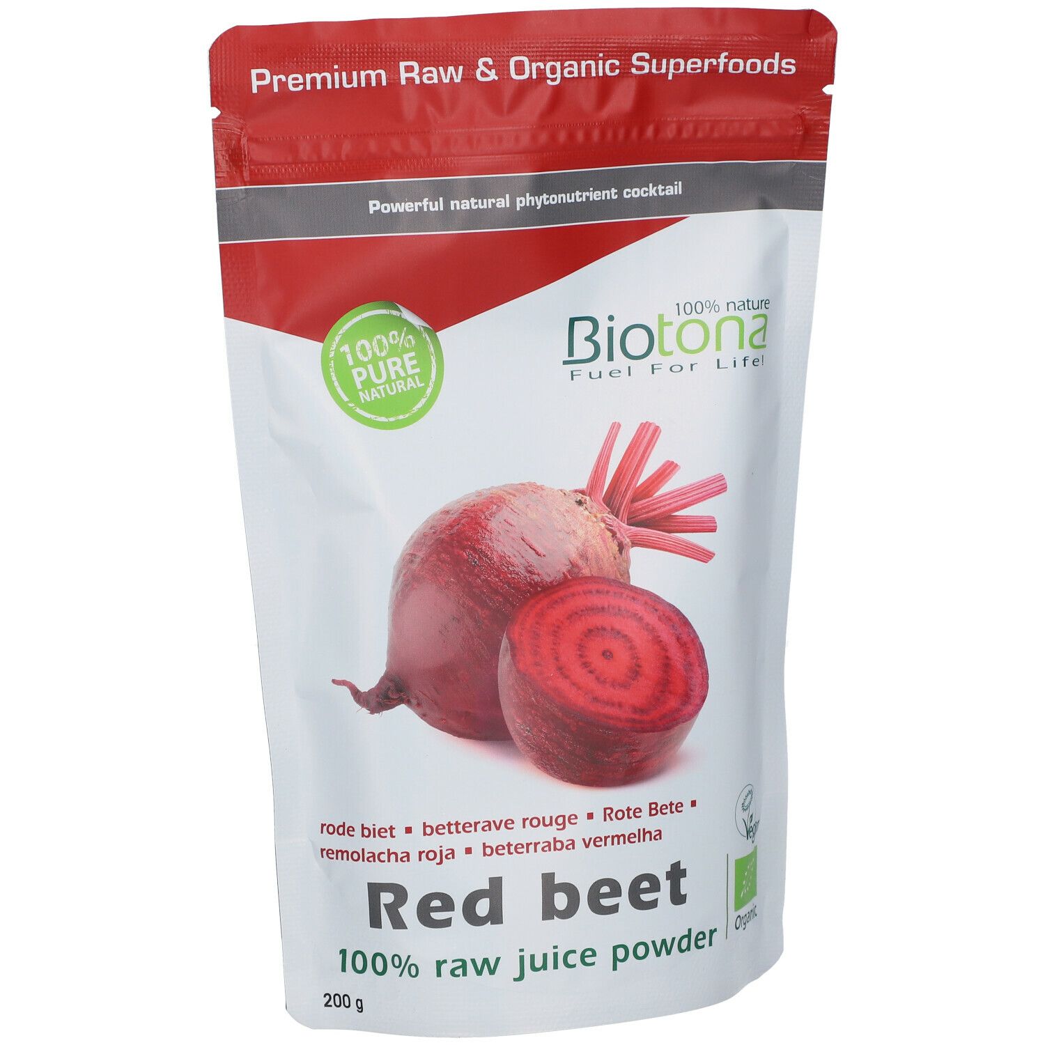 Sachet de poudre de jus de betterave rouge. Illustration d'une betterave rouge. Inscription : Biotona, Red beet, 100% raw juice powder. 200g.