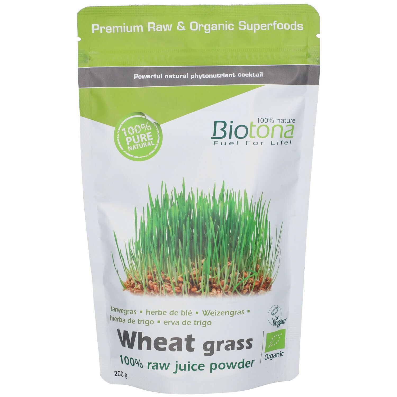 Sachet de Biotona Bio Poudre De Jus L'Herbe De Blé. Face avant avec image et texte 'Wheat grass'.