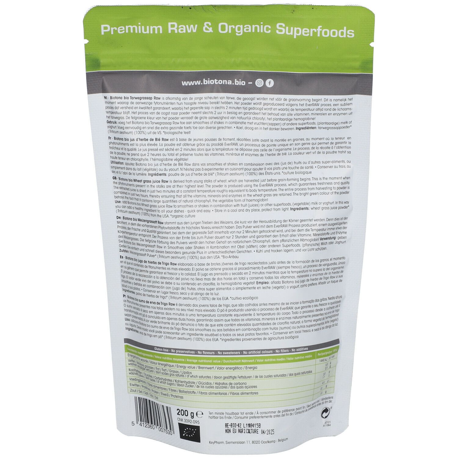 Dos du sachet Biotona Bio Poudre De Jus L'Herbe De Blé. Texte multilingue, informations nutritionnelles.