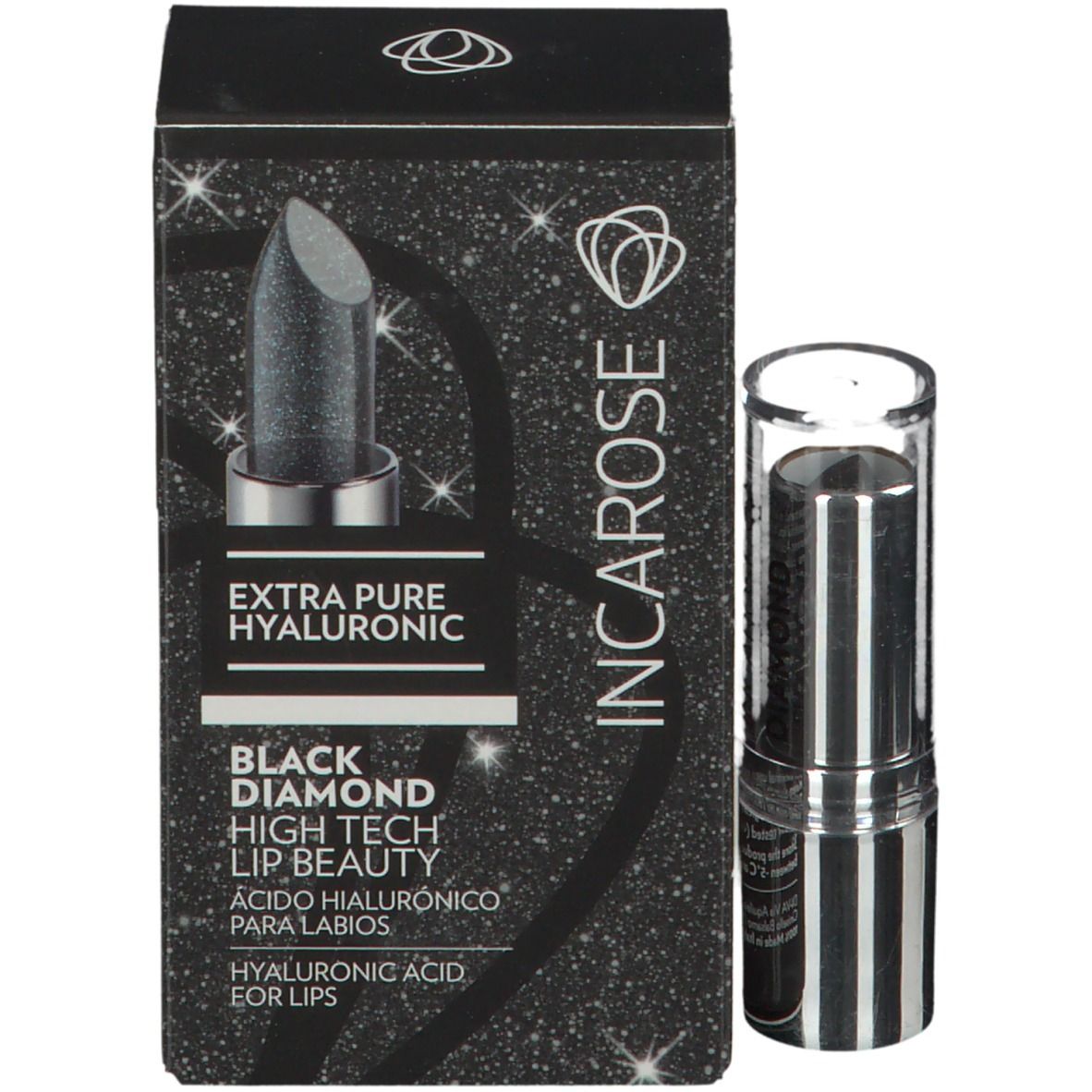 Rouge à lèvres noir avec emballage. Texte : Extra Pure Hyaluronic Black Diamond.