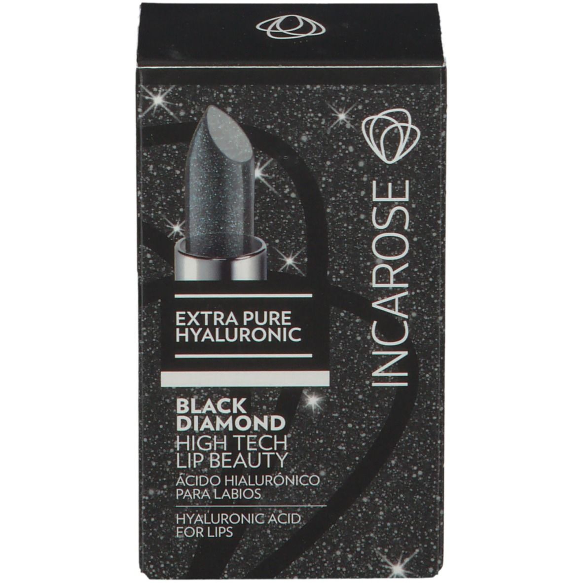 Emballage de rouge à lèvres noir. Texte : Extra Pure Hyaluronic Black Diamond.