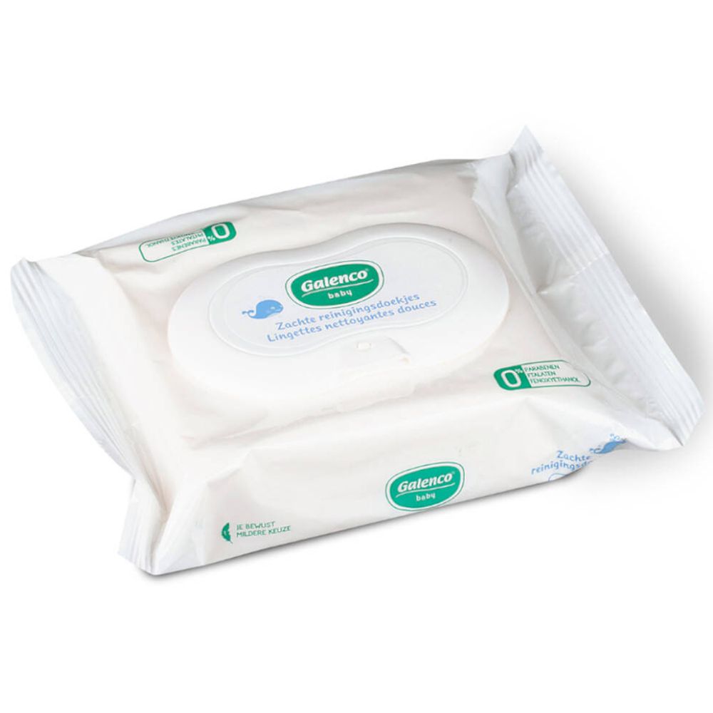 Verpakking met vochtige doekjes. Ovale deksel met logo en tekst. "Galenco baby" en "Zachte reinigingsdoekjes" zijn zichtbaar.
