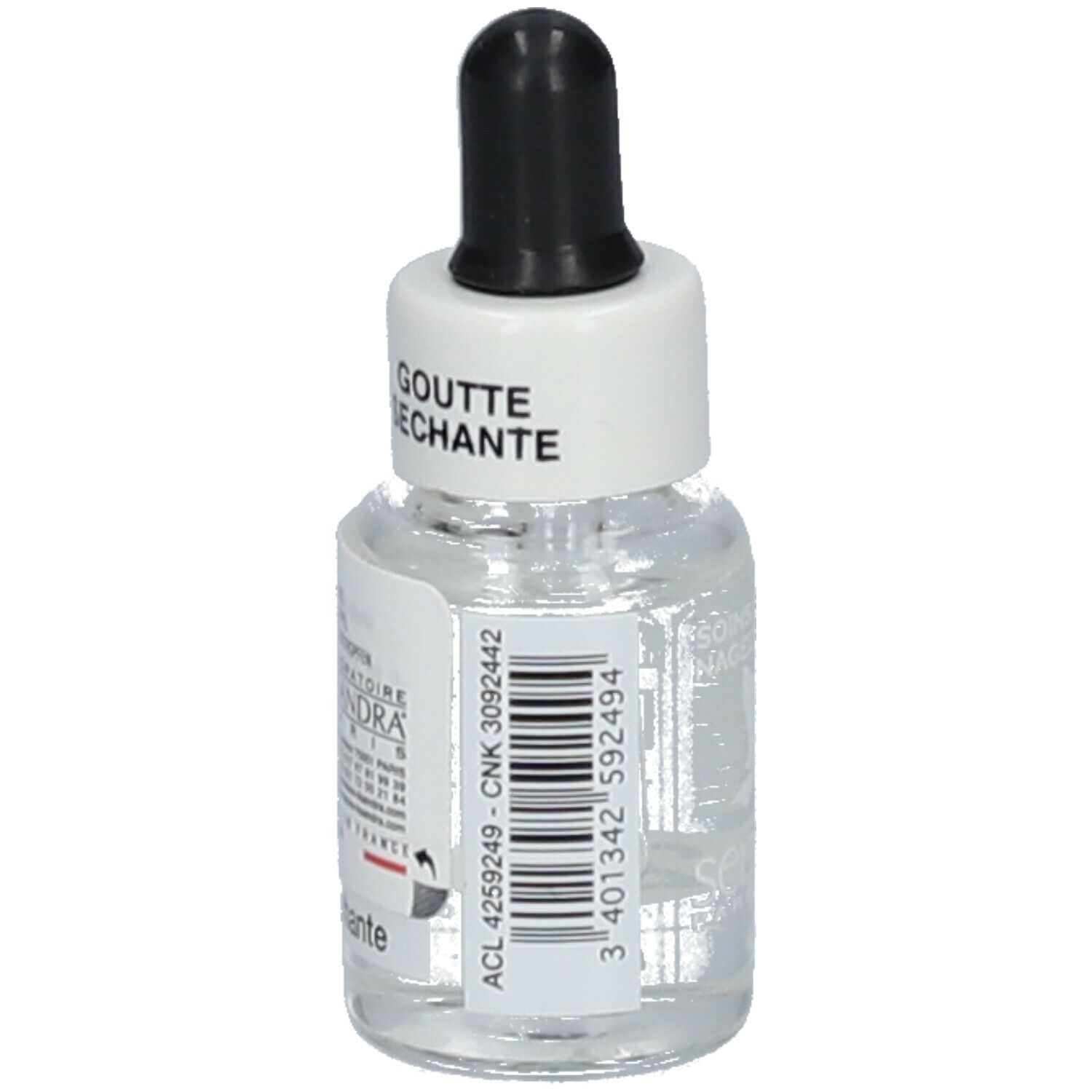 Petit flacon en verre avec compte-gouttes. Inscription: Goutte Séchante. Étiquette avec code-barres et informations.