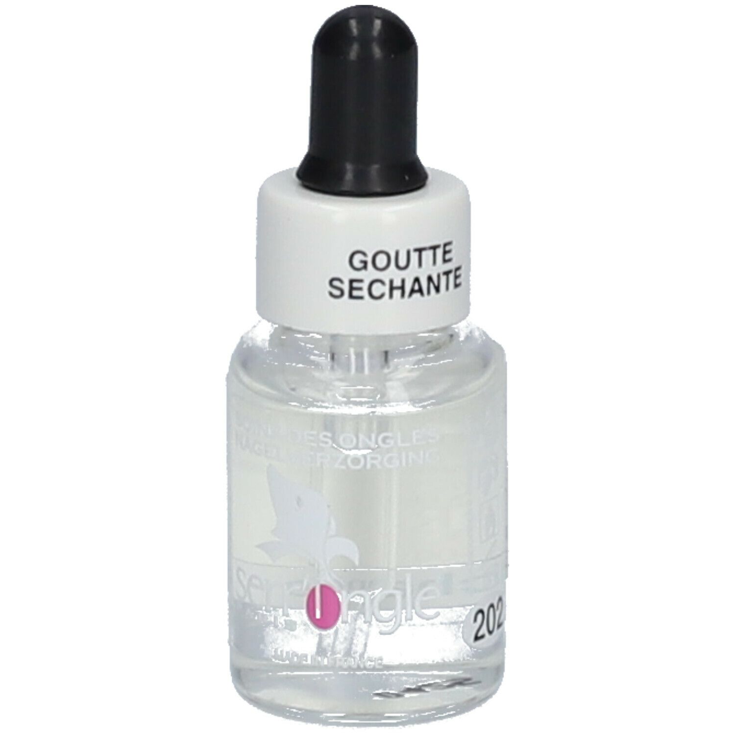 Petit flacon en verre avec compte-gouttes. Inscription: Goutte Séchante. Marque: Serr'Ongle. Avec un accent rose.