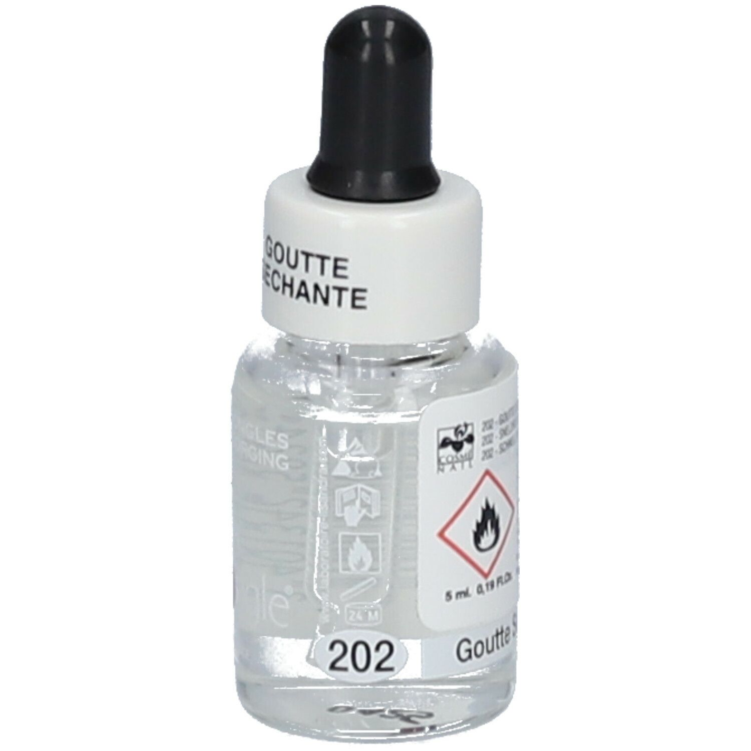Petit flacon en verre avec compte-gouttes. Inscription: Goutte Séchante. Symbole de danger. Volume: 5 ml.