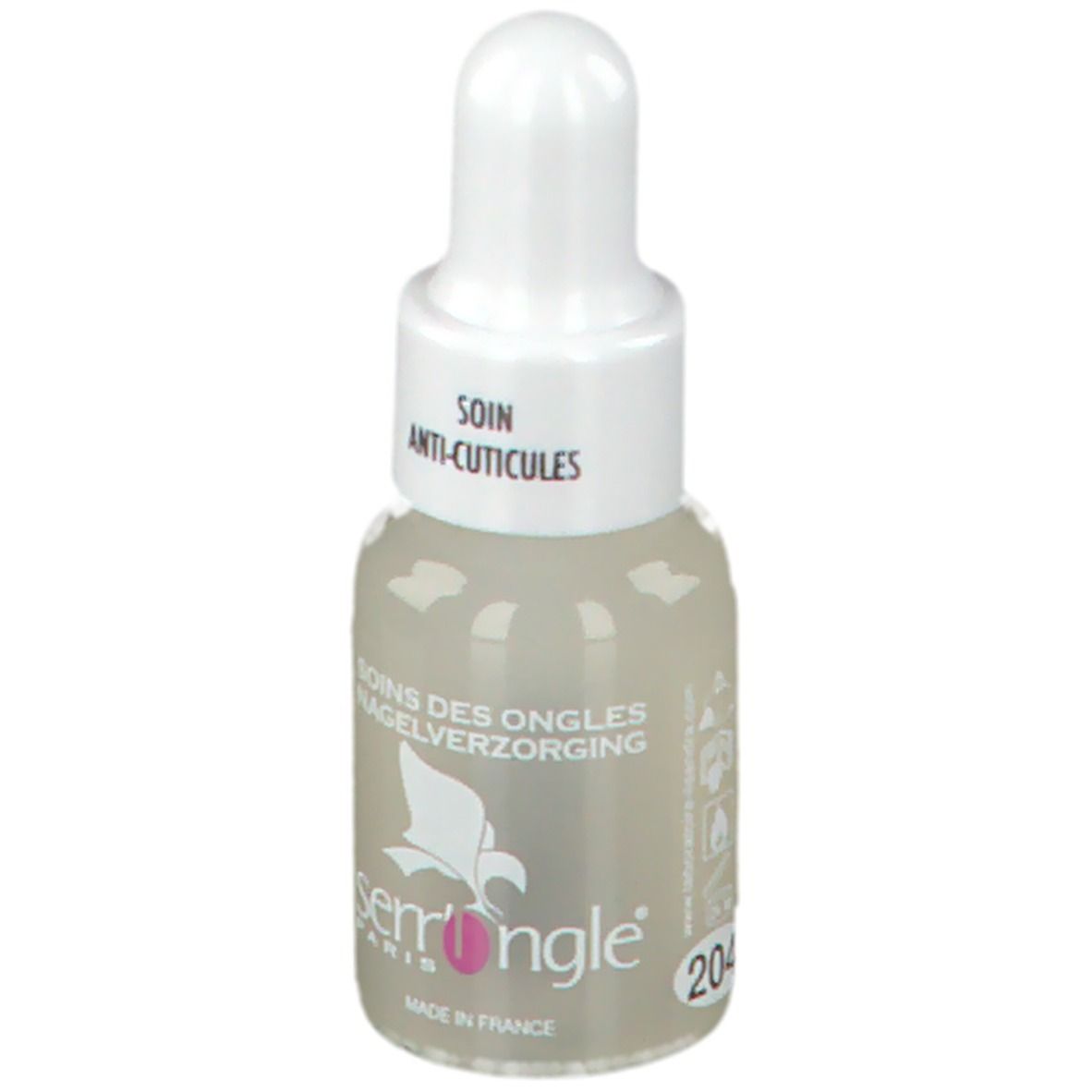 Flacon compte-gouttes avec liquide. Inscription: Soin Anti-Cuticules, Soins des Ongles, Nagelverzorging. Marque: serrongle® Paris, 204.
