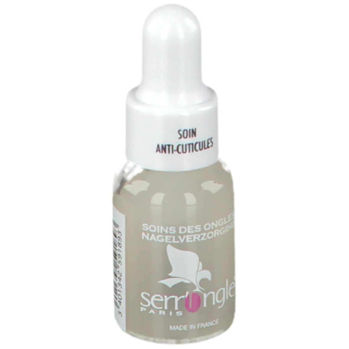 Flacon compte-gouttes avec liquide. Inscription: Soin Anti-Cuticules, Soins des Ongles, Nagelverzorging. Marque: serrongle® Paris, 204.