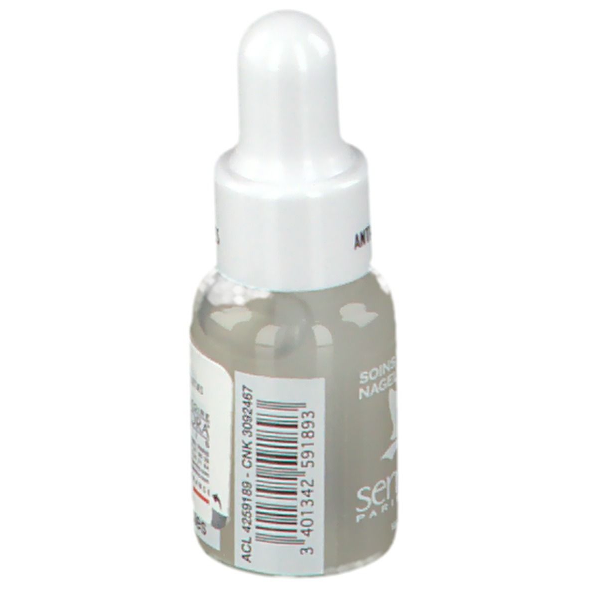 Flacon compte-gouttes avec liquide. Inscription: Soin Anti-Cuticules, Soins des Ongles, Nagelverzorging. Marque: serrongle® Paris, 204.