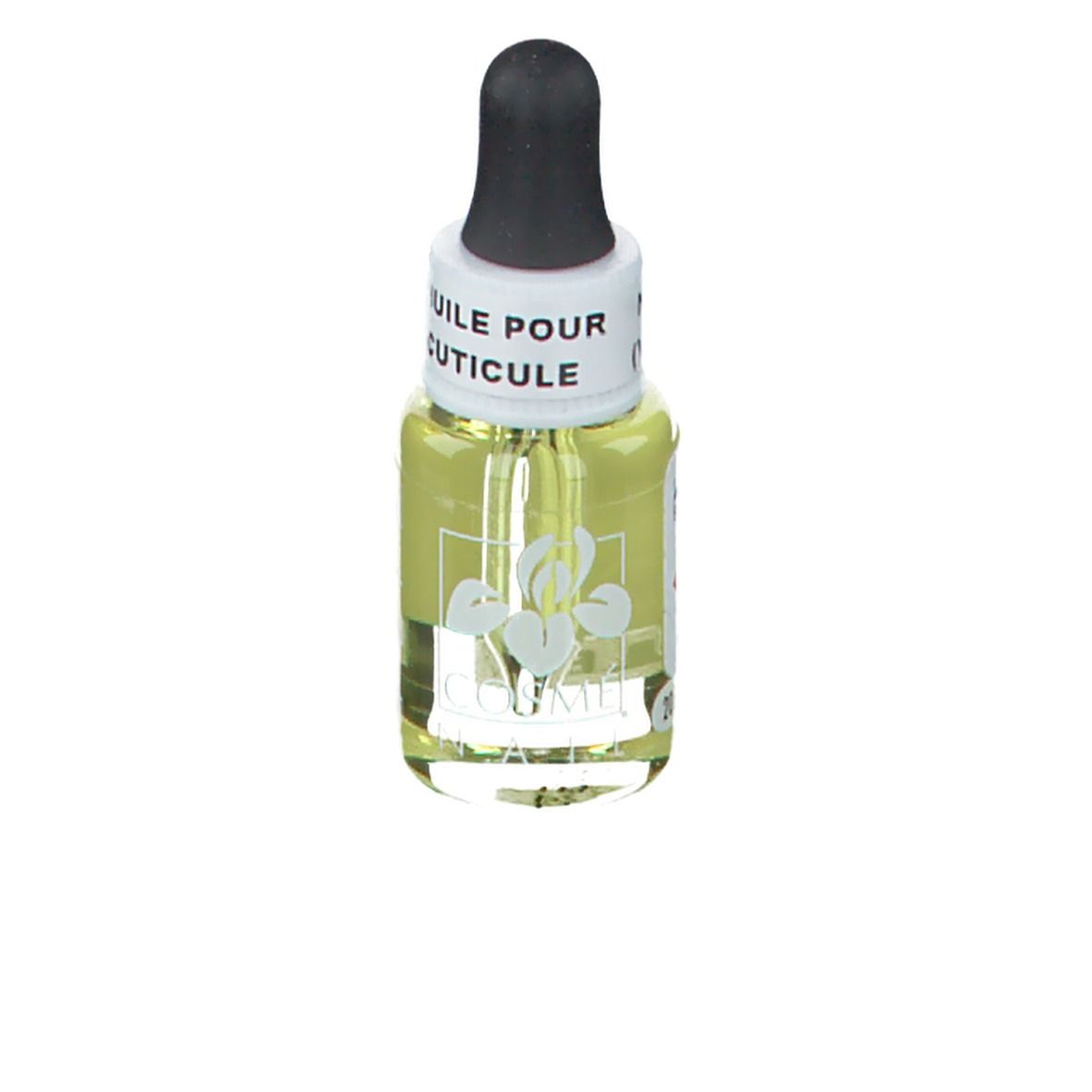 Flacon en verre transparent avec liquide jaune et compte-gouttes noir. Inscription: HUILE POUR CUTICULE.