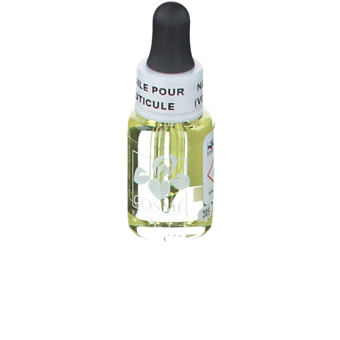 Flacon en verre transparent avec liquide jaune et compte-gouttes noir. Inscription: HUILE POUR CUTICULE. Logo floral.
