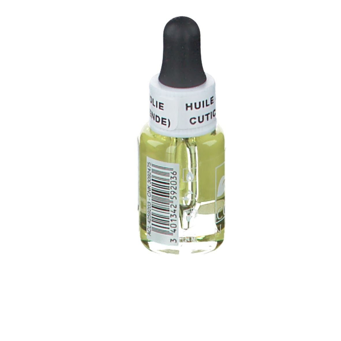Flacon en verre avec liquide jaune et compte-gouttes noir. Inscription: HUILE POUR CUTICULE. Code-barres.