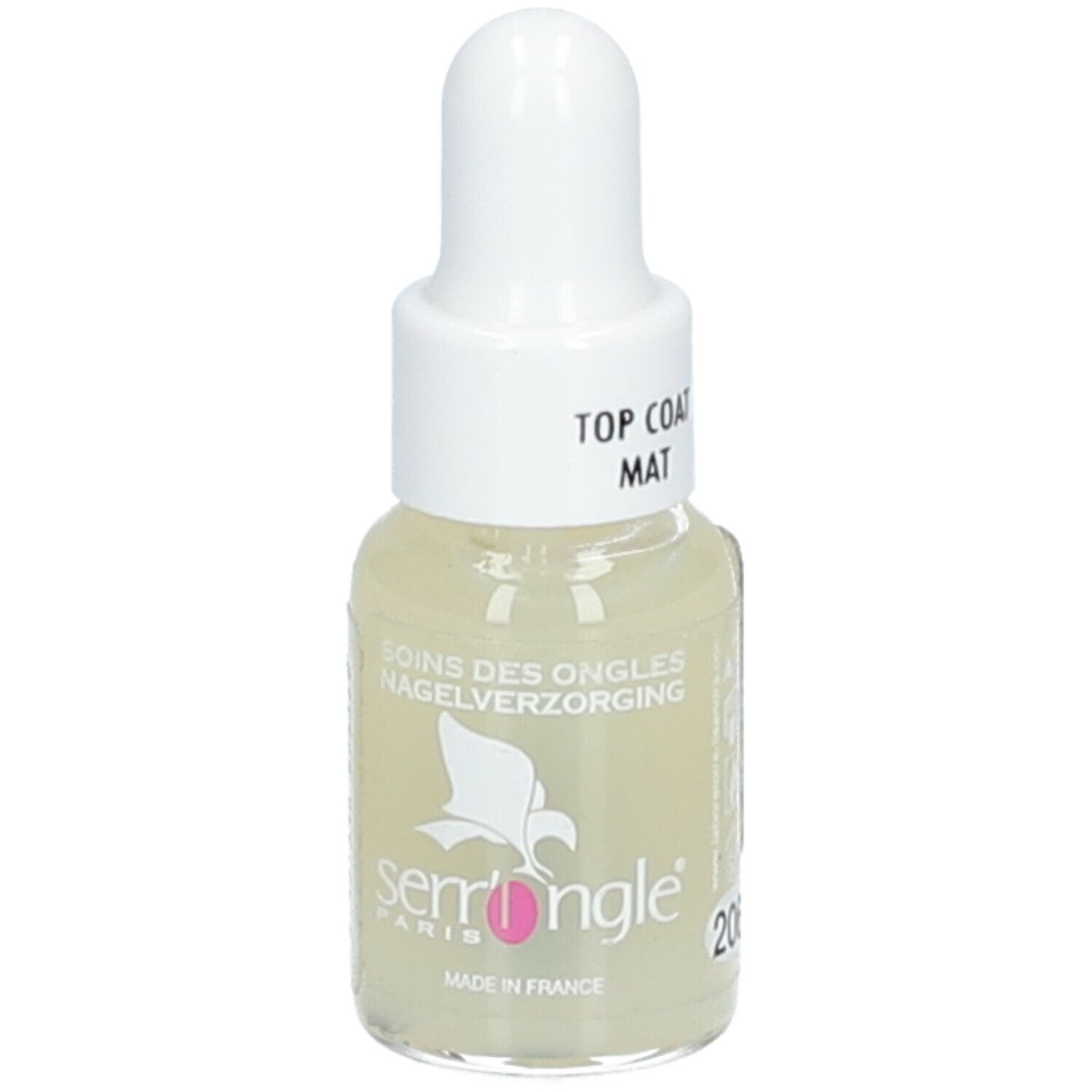 Flacon de vernis à ongles avec bouchon blanc. Inscription: Top Coat Mat. Marque Serr'Ongle, Paris. Fabriqué en France.