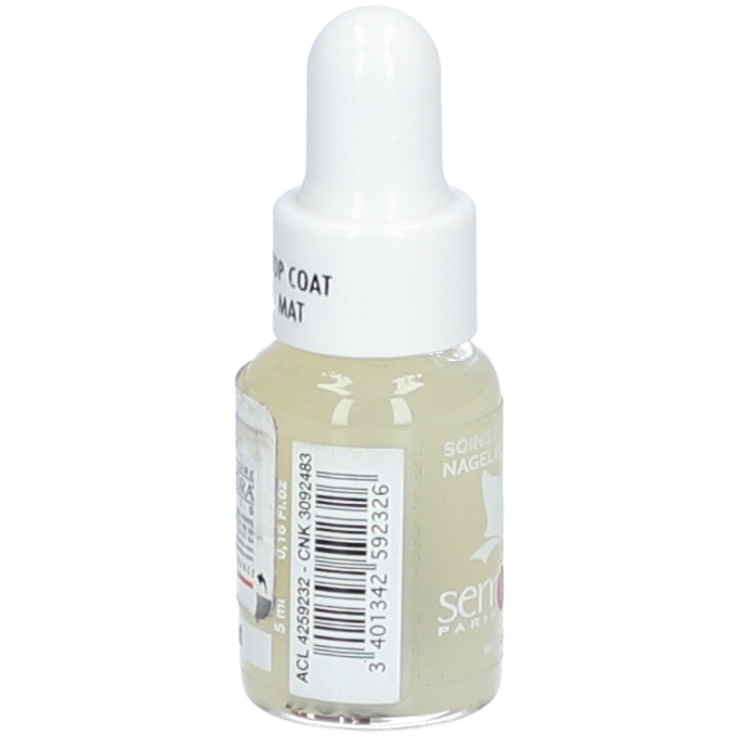 Flacon de vernis à ongles avec bouchon blanc. Inscription: Top Coat Mat. Marque Serr'Ongle, Paris. Code-barres et informations.