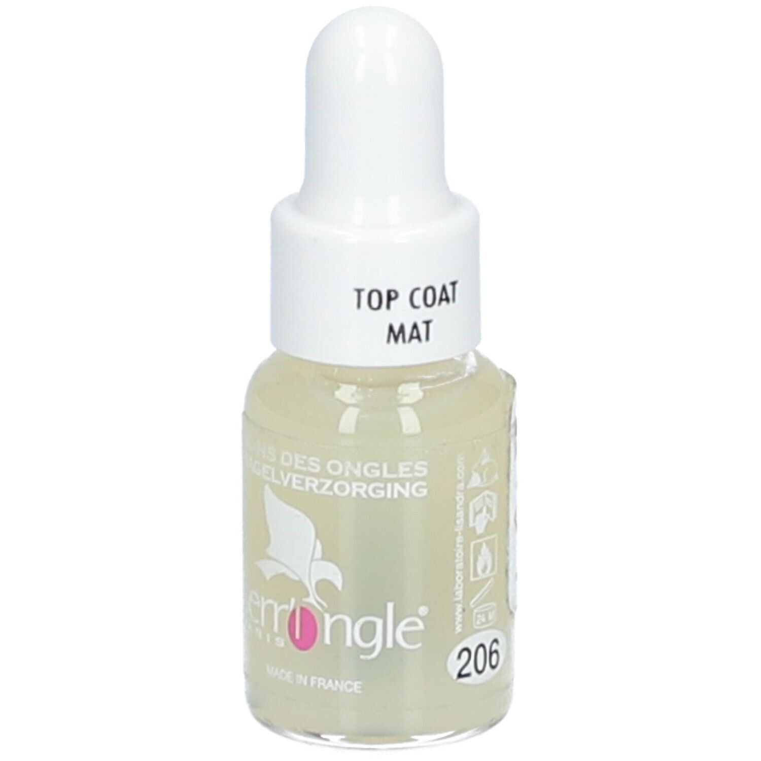 Flacon de vernis à ongles avec bouchon blanc. Inscription: Top Coat Mat. Marque Serr'Ongle, Paris. Numéro de couleur 206.