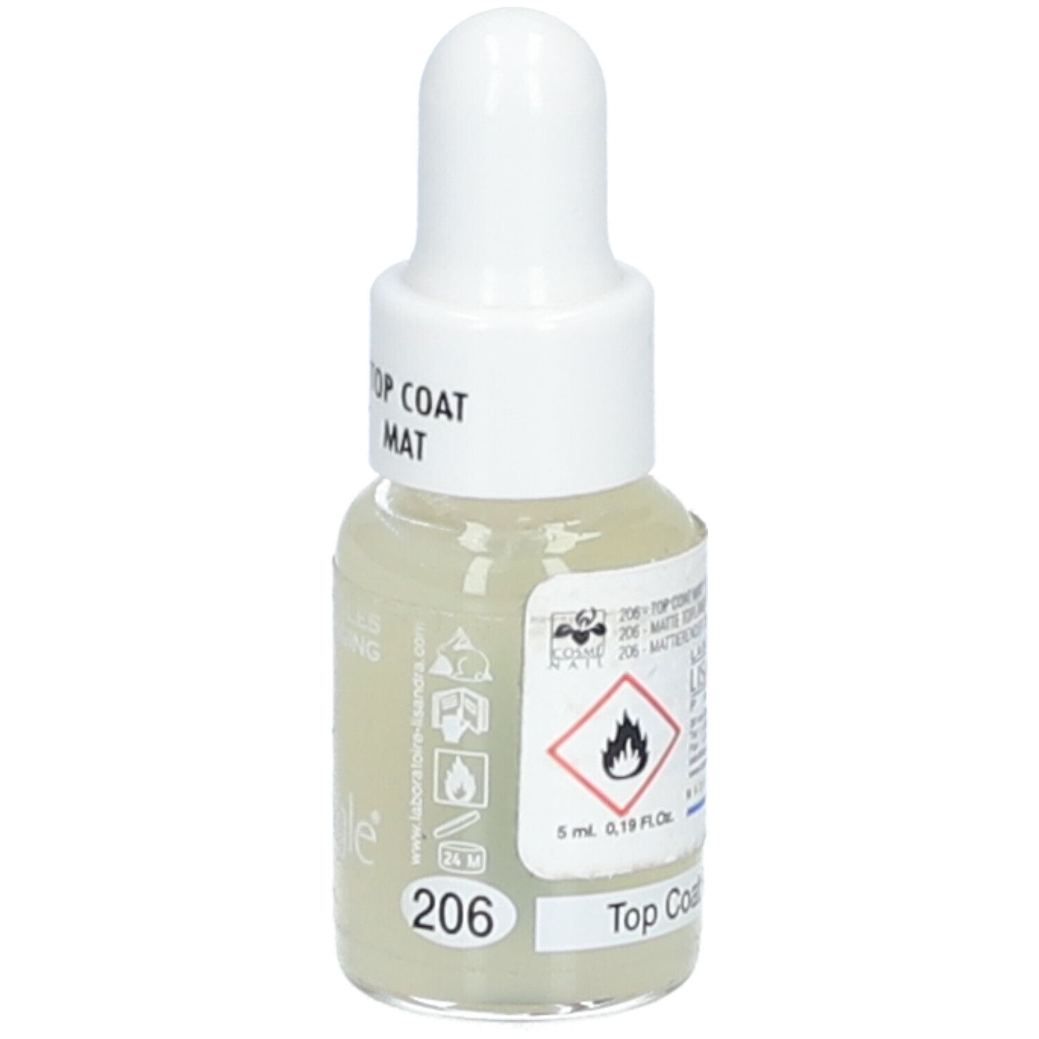 Flacon de vernis à ongles avec bouchon blanc. Inscription: Top Coat Mat. Numéro de couleur 206. Symbole de danger: flamme.