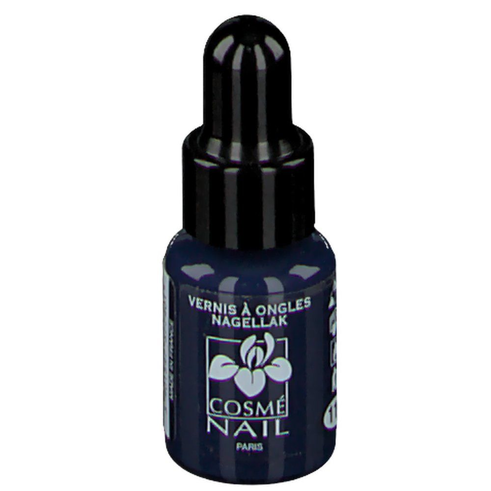 Dunkelblaue Nagellackflasche mit schwarzem Verschluss. Aufschrift: Vernis à Ongles Nagellak, Cosmé Nail Paris.