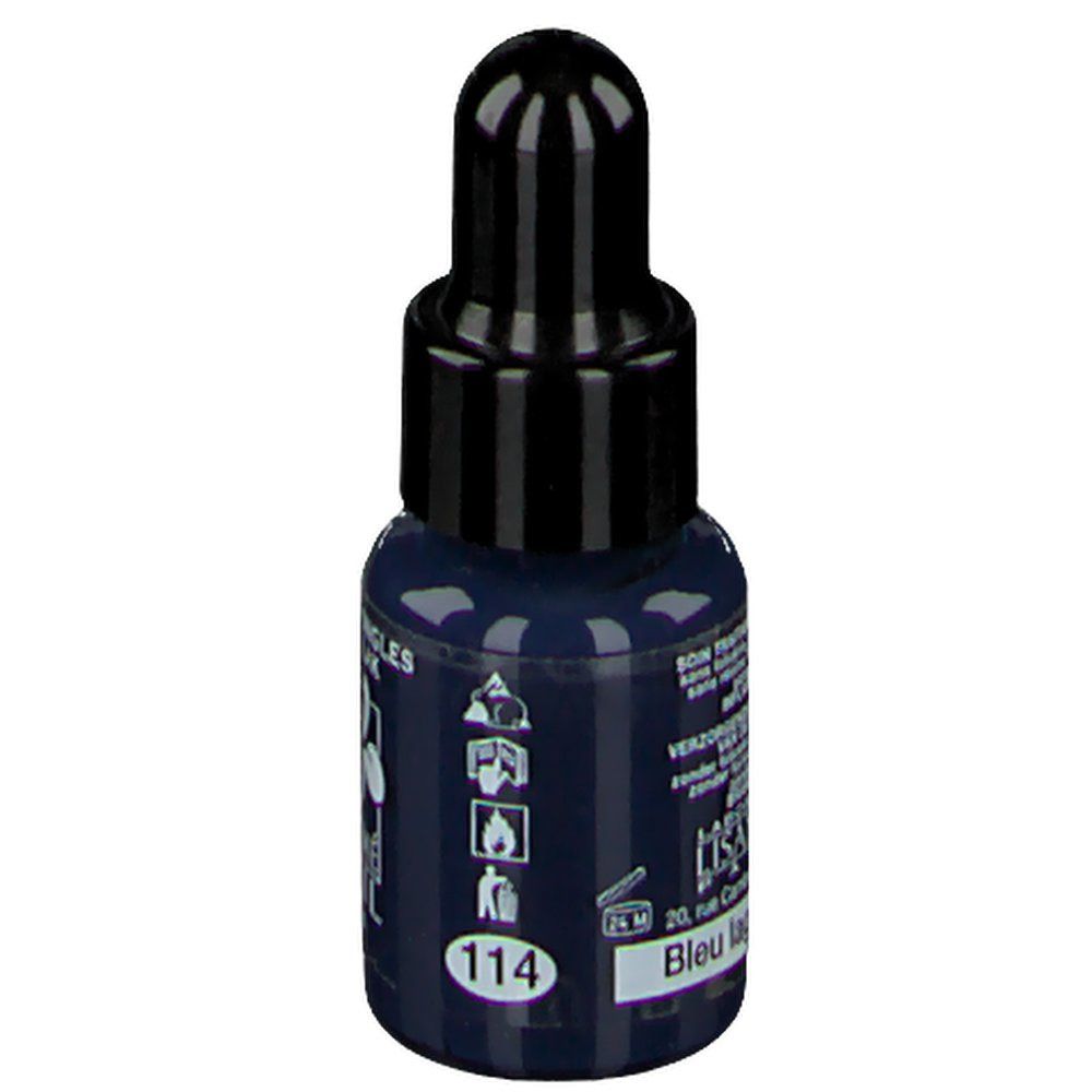 Dunkelblaue Nagellackflasche mit schwarzem Verschluss. Aufschrift: Vernis à Ongles Nagellak, Nummer 114, Bleu Lagoon.