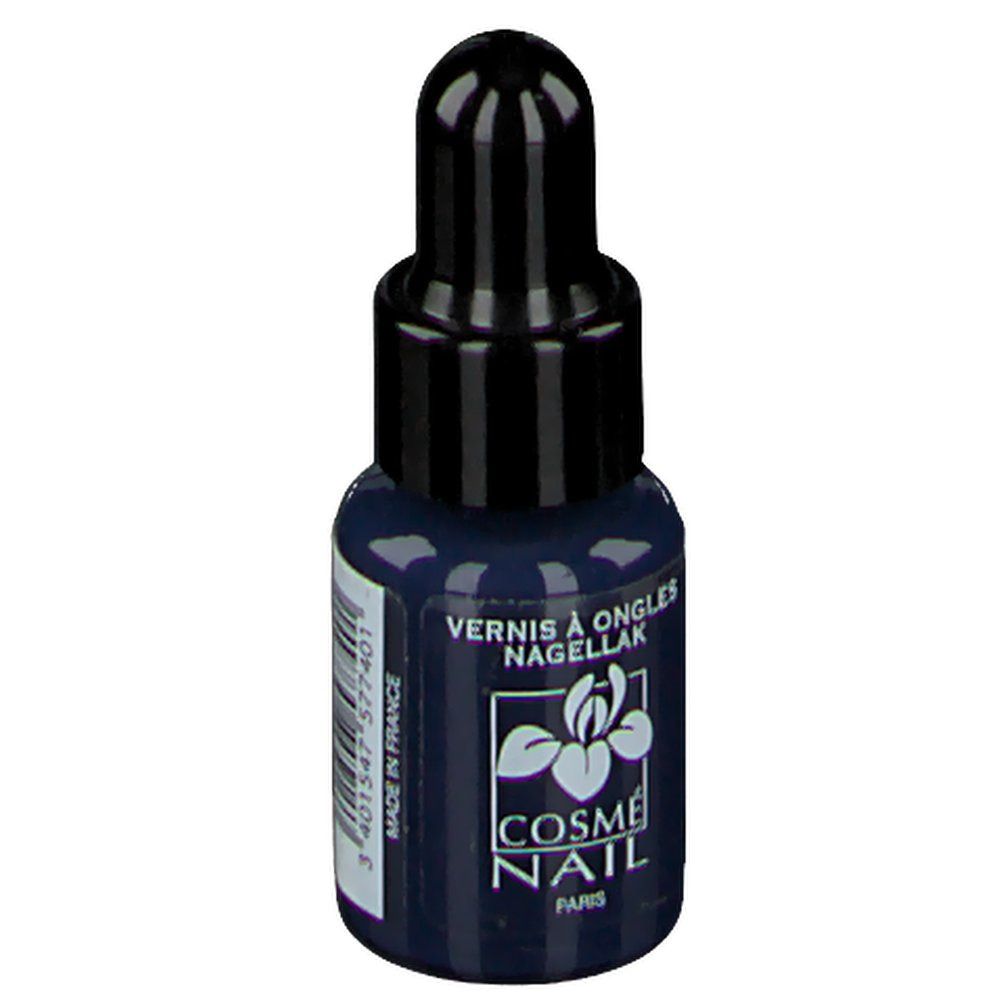 Dunkelblaue Nagellackflasche mit schwarzem Verschluss. Aufschrift: Vernis à Ongles Nagellak, Cosmé Nail Paris, Made in France.