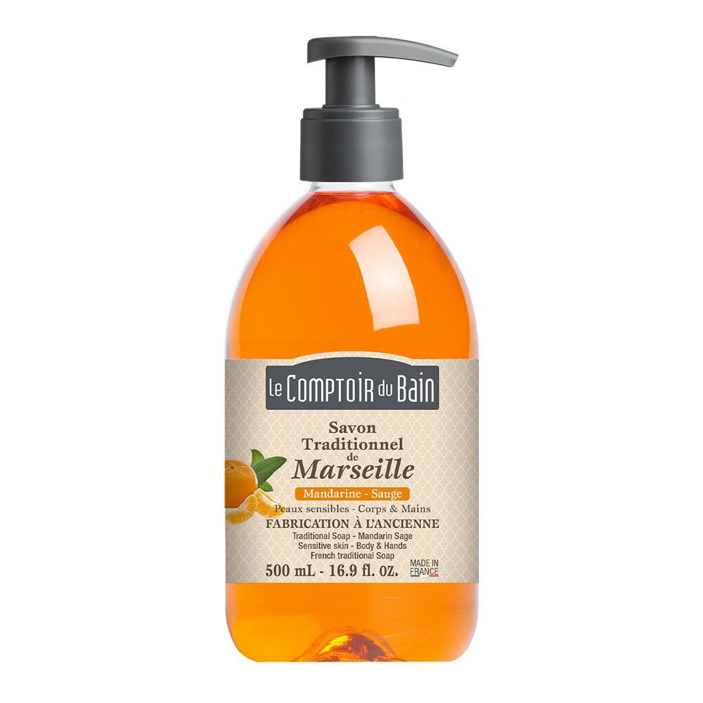 Flüssigseife in einer transparenten Flasche mit Dosierpumpe. Etikett mit Produktinformationen und Logo.