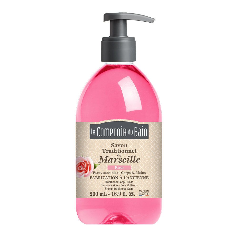Savon liquide rose avec pompe. Inscription: Le Comptoir du Bain, Savon Traditionnel de Marseille, Rose. 500 ml.