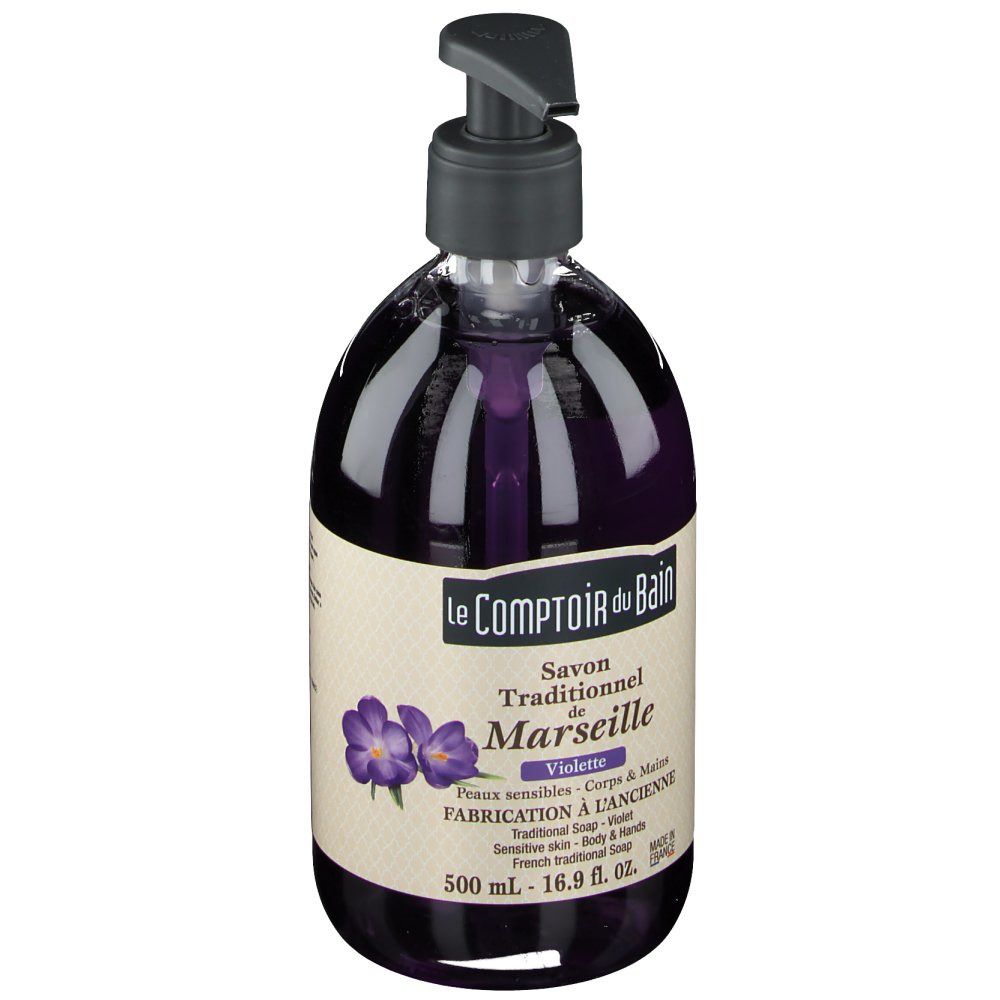 Savon violet avec pompe. Inscription: Le Comptoir du Bain, Savon de Marseille. 500 ml.