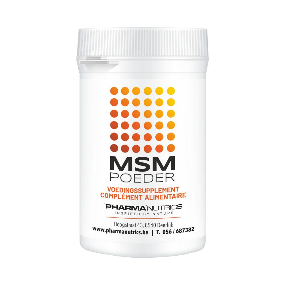 Boîte blanche avec motif orange. Inscription: MSM Poeder, Voedingssupplement, Pharma Nutrics.