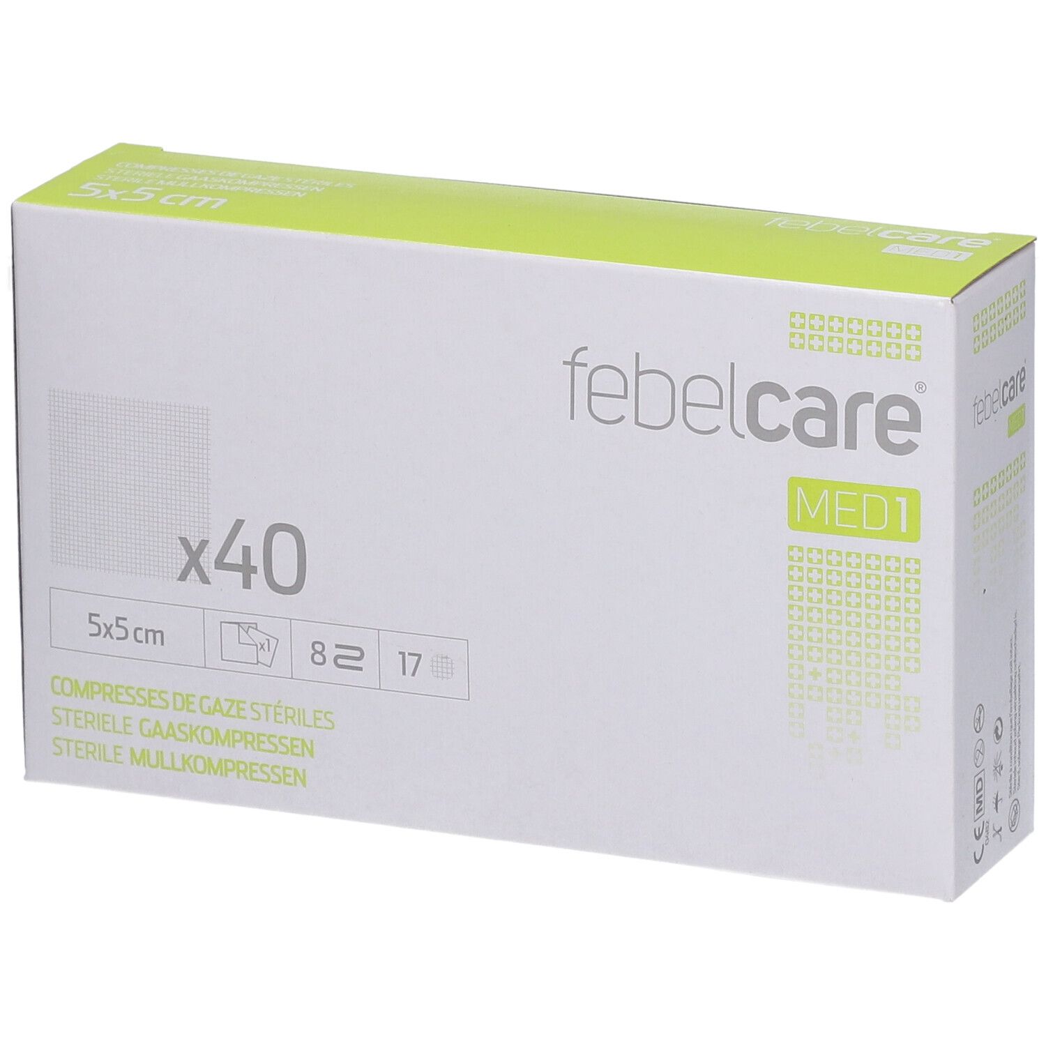 Boîte de compresses de gaze stériles febelcare® MED 1, 5x5 cm. Contient 40 compresses. Emballage blanc et vert.
