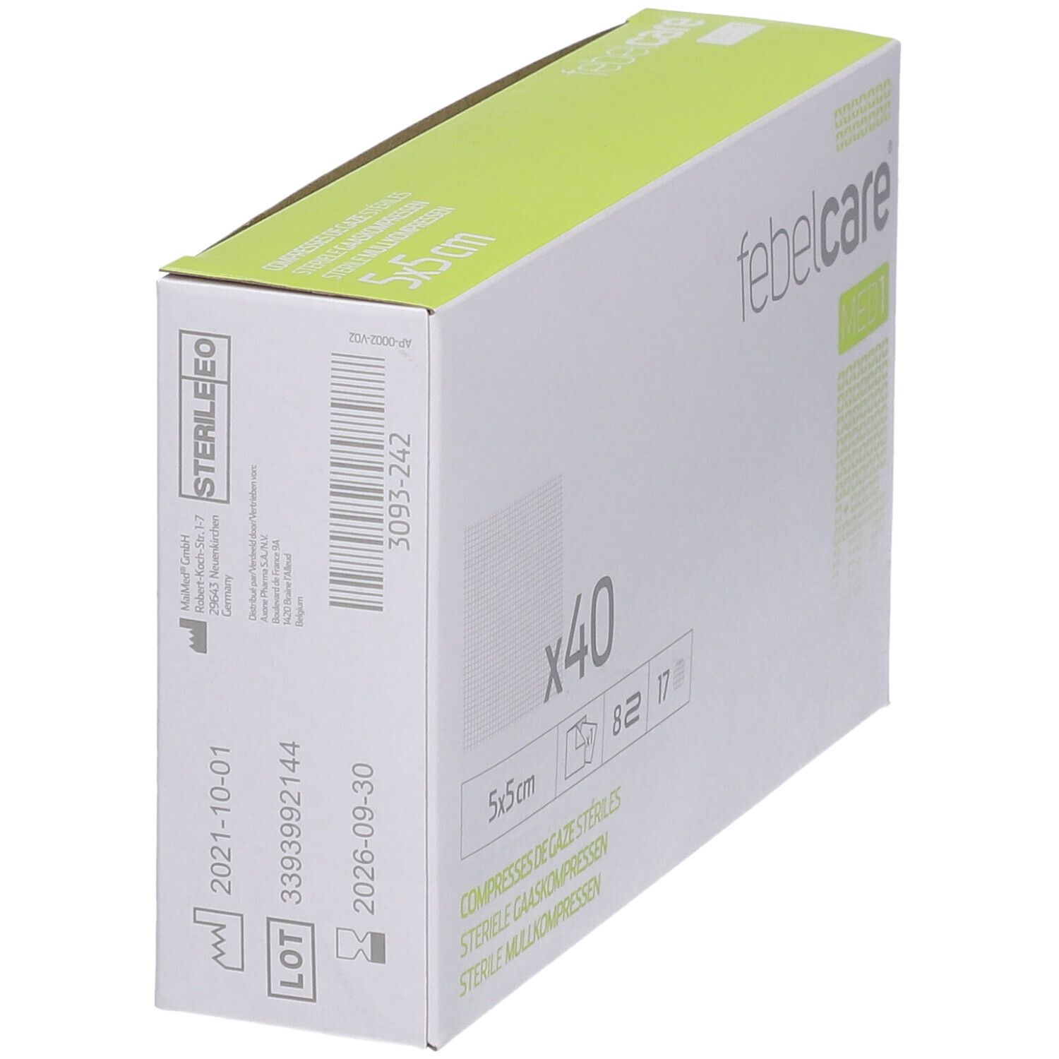 Vue latérale de la boîte de compresses febelcare® MED 1. Contient 40 compresses, 5x5 cm. Date de péremption.