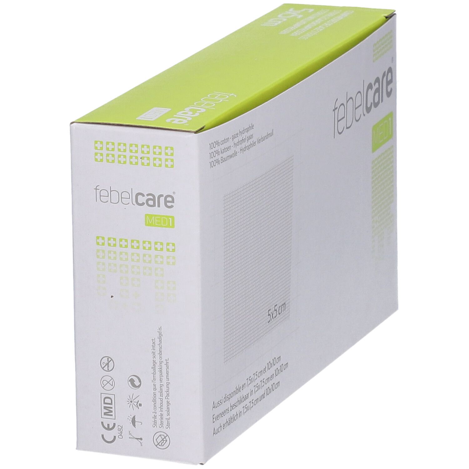 Vue latérale de la boîte de compresses febelcare® MED 1. 5x5 cm. Gaze stérile. Marquage CE.