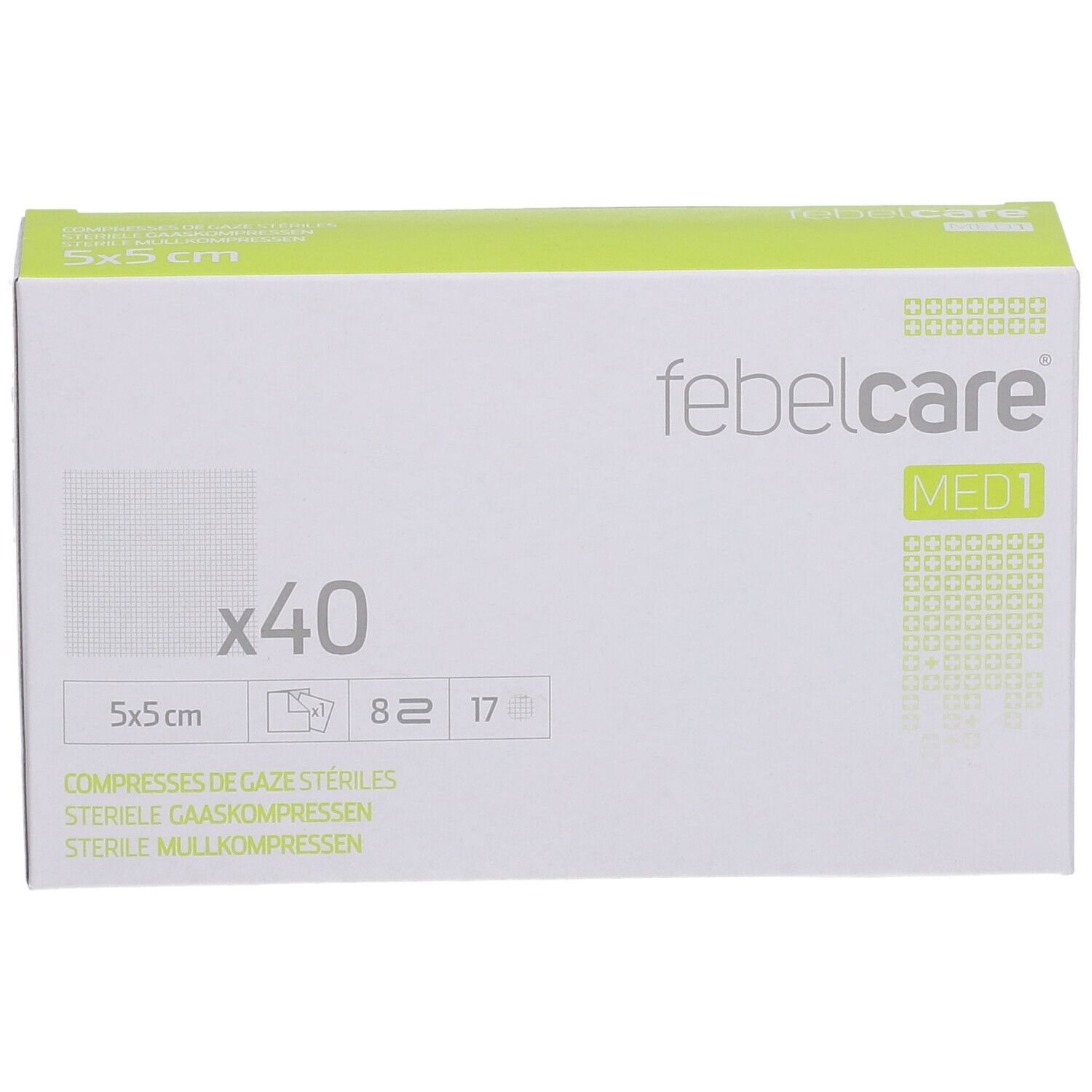 Boîte de compresses de gaze stériles febelcare® MED 1, 5x5 cm. Contient 40 compresses. Emballage blanc et vert.
