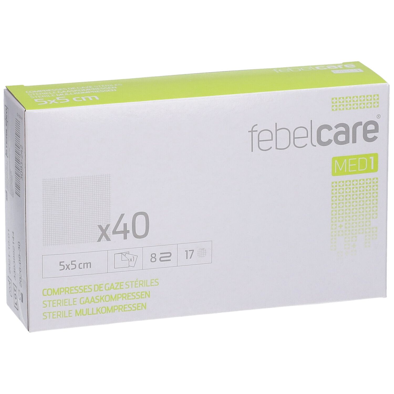 Boîte de compresses de gaze stériles febelcare® MED 1, 5x5 cm. Contient 40 compresses. Emballage blanc et vert.