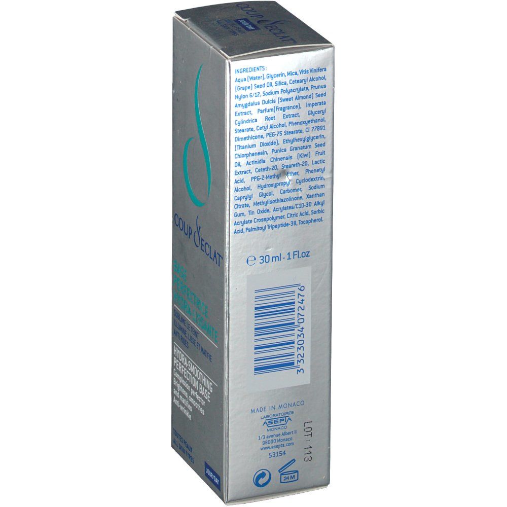 Dos de la boîte argentée avec ingrédients et code-barres. Texte: E 30 ml - 1 fl oz. Fabriqué à Monaco.