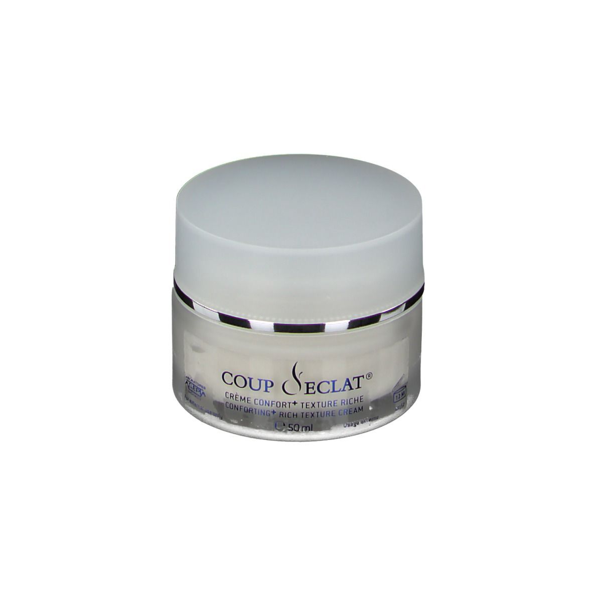 Pot de crème avec couvercle. Inscription: Coup d'éclat, Crème Confort, Texture Riche. 50 ml.