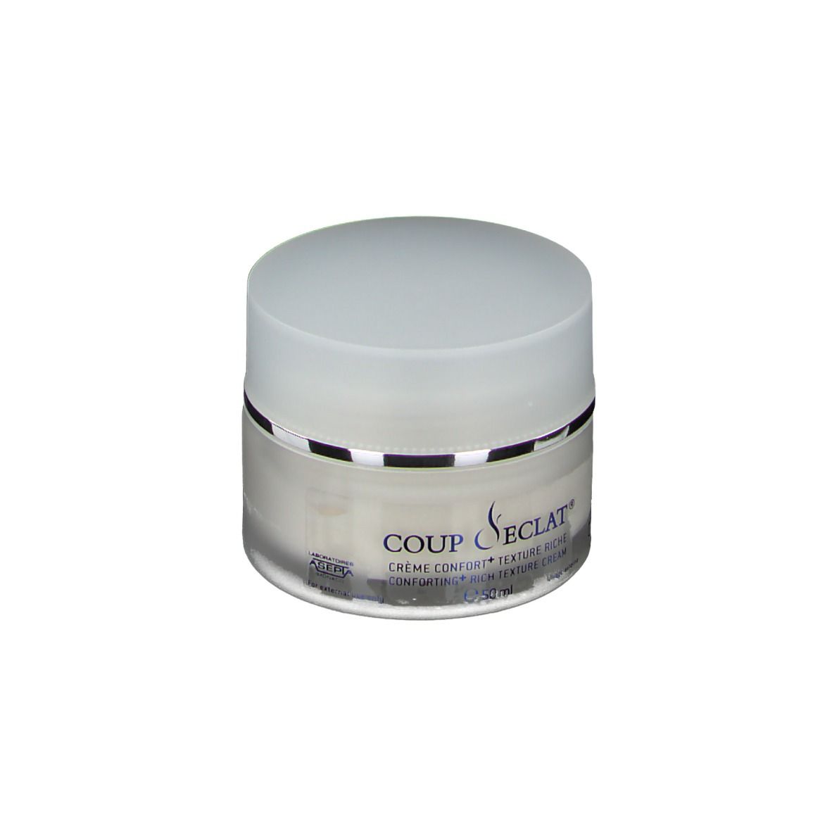 Pot de crème avec couvercle. Inscription: Coup d'éclat, Crème Confort, Texture Riche. 50 ml.