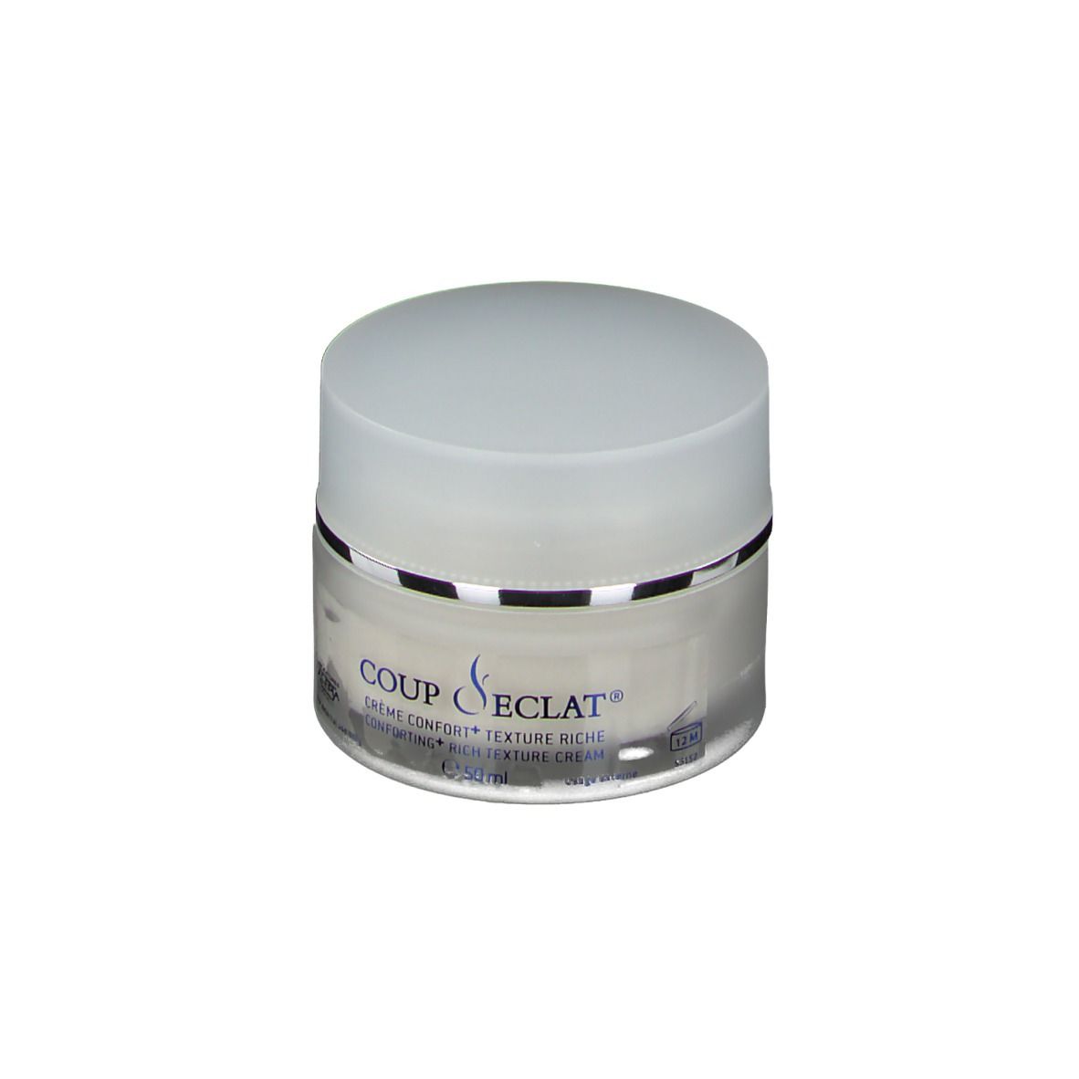Pot de crème avec couvercle. Inscription: Coup d'éclat, Crème Confort, Texture Riche. 50 ml.