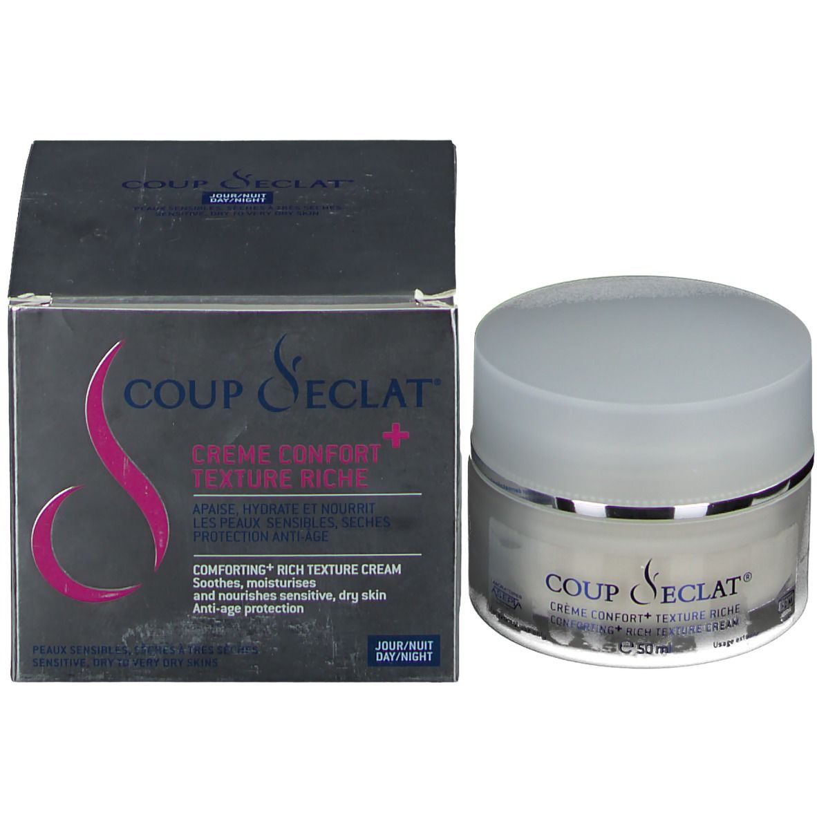 Pot de crème avec couvercle et emballage. Inscription: Coup d'éclat, Crème Confort, Texture Riche. 50 ml.