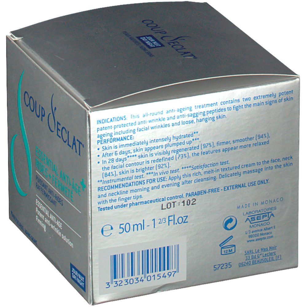 Dos de la boîte Coup d'Eclat. Texte: crème anti-âge, ingrédients, mode d'emploi, numéro de lot, code-barres, 50 ml.