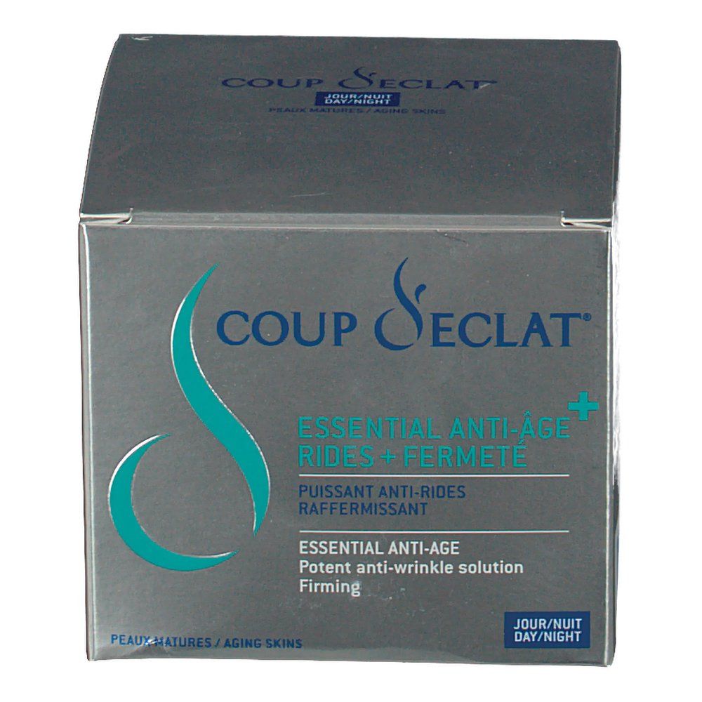 Boîte argentée Coup d'Eclat. Texte: Essential Anti-Age, RIDES + FERMETE. Pour peaux matures. Logo jour/nuit.