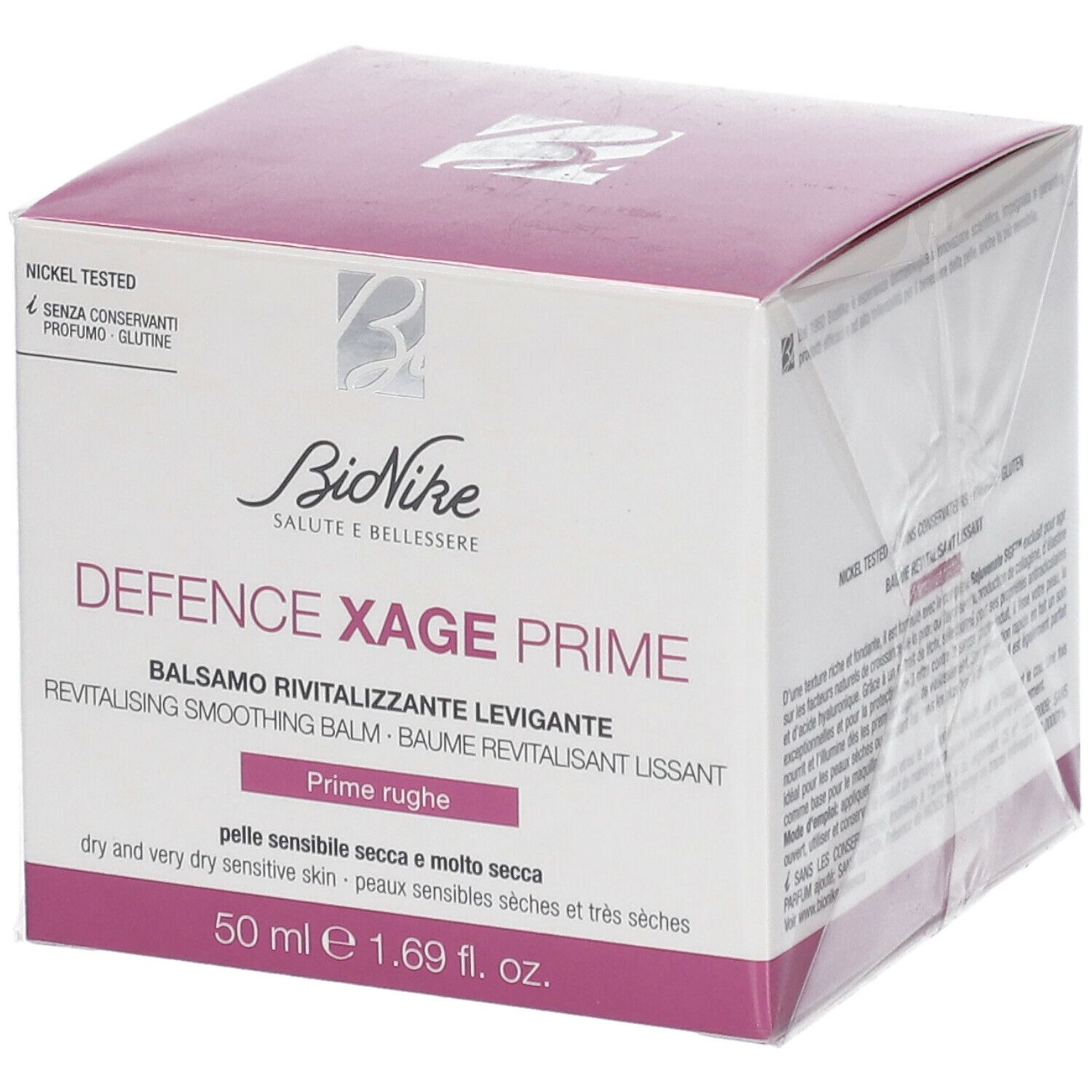BioNike DEFENCE XAGE Prime verpakking. Wit, roze en paars. Tekst: Balsamo Rivitalizzante Levigante, 50 ml.